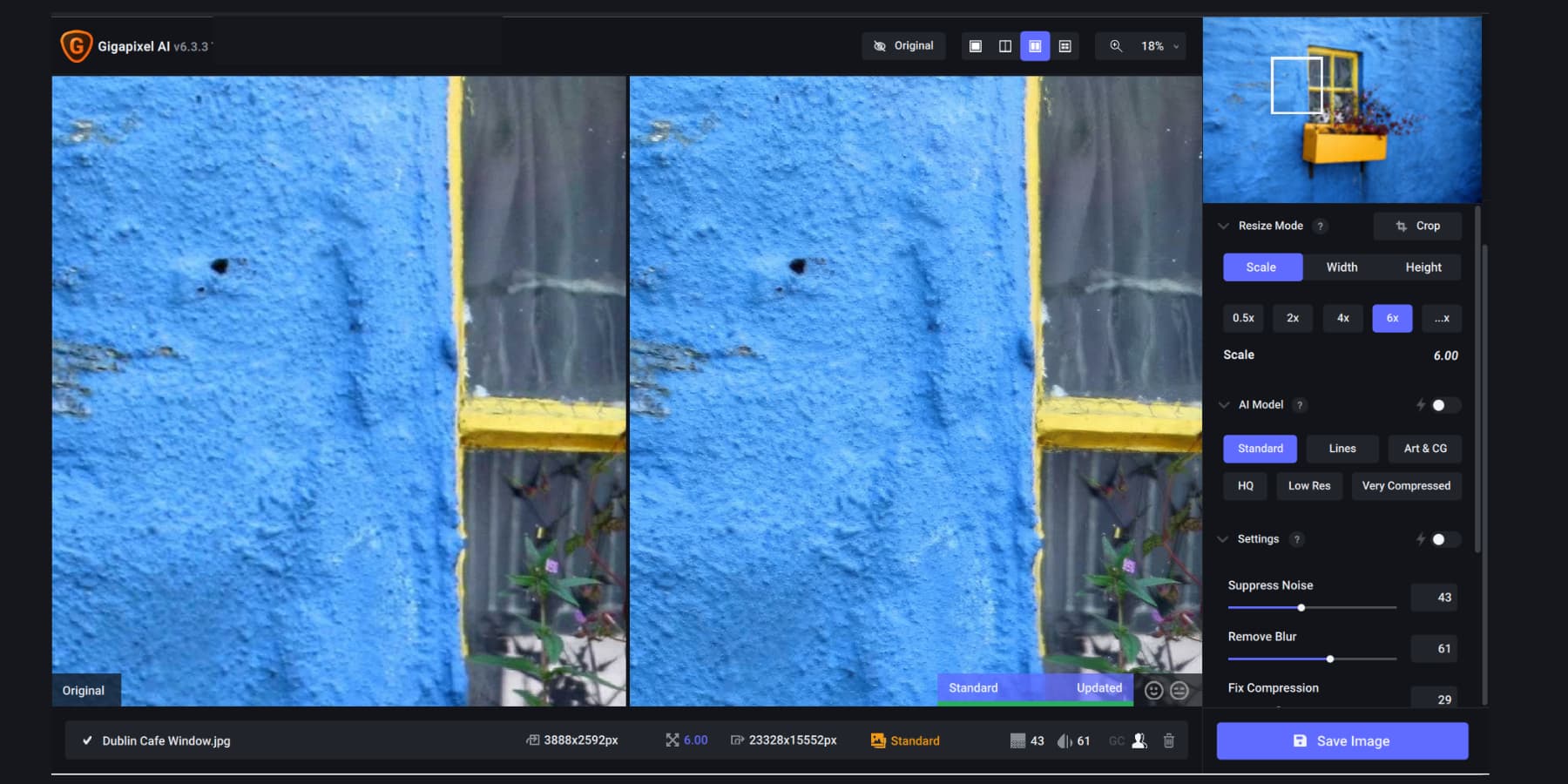 Une capture d'écran des tentatives de suppression d'artefacts de Gigapixel AI