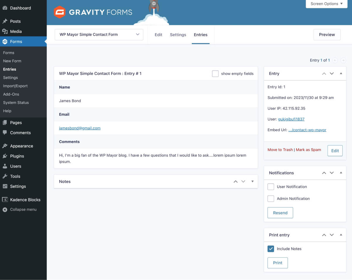 在 WordPress 儀表板中管理 Gravity Forms 中的表單項目