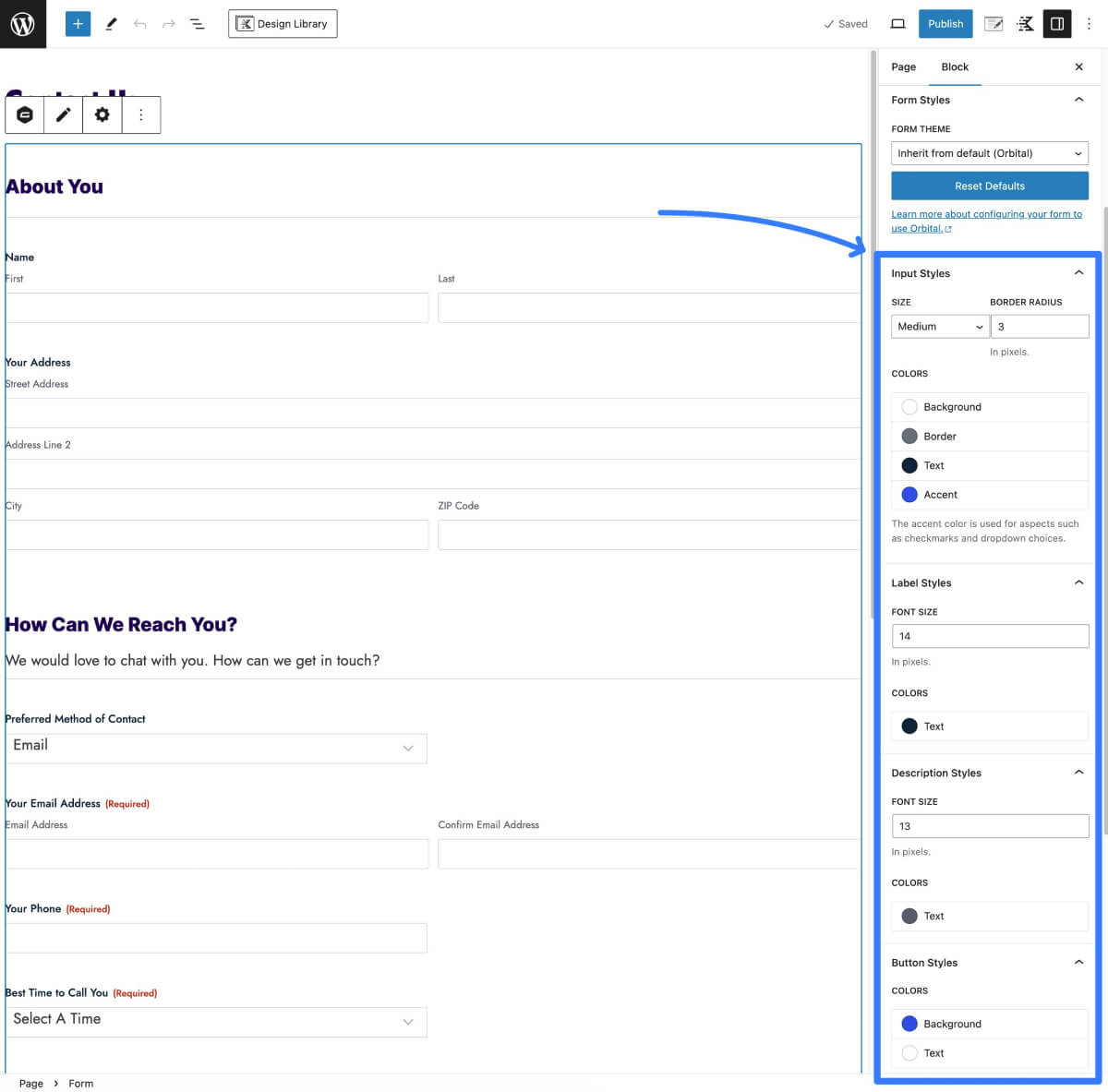 Opciones de estilo de Gravity Forms en la barra lateral del editor de bloques