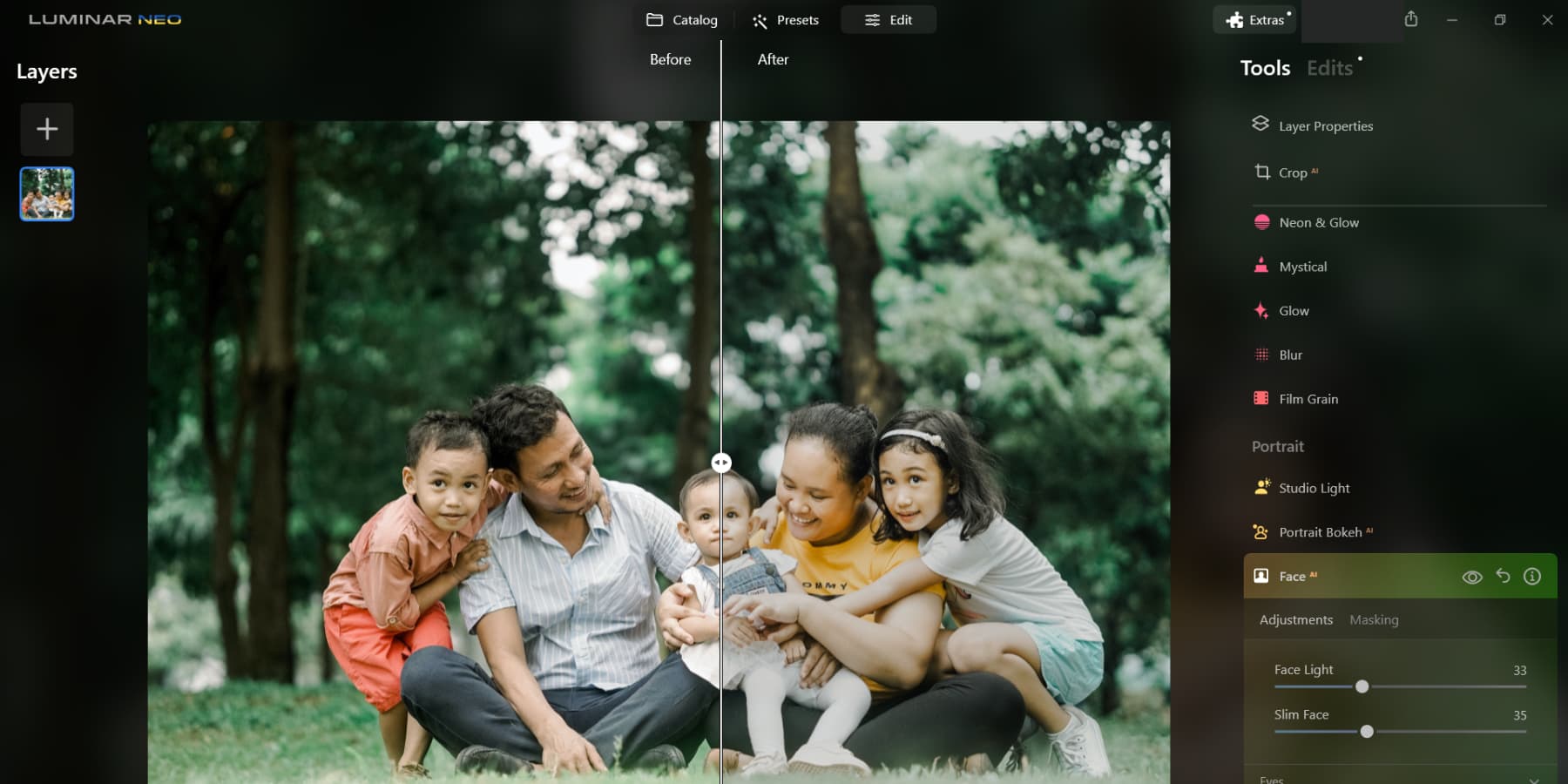 Une capture d'écran de Luminar Neo retouchant une photo de famille