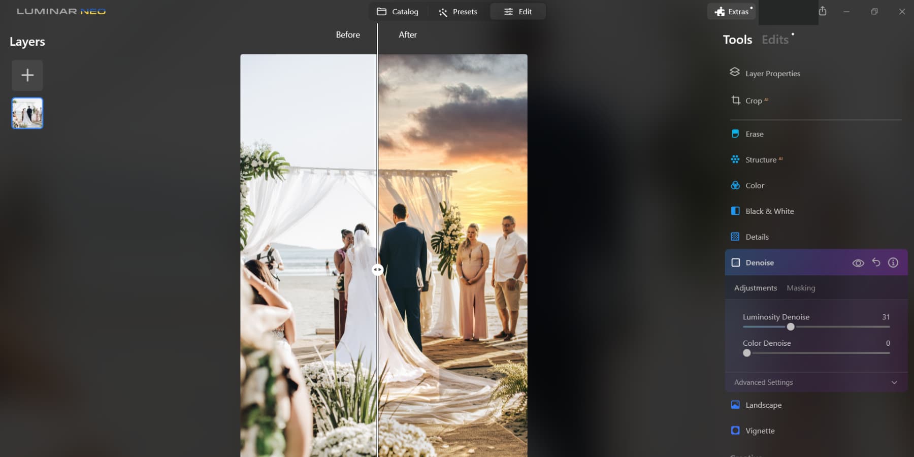 Una captura de pantalla de los detalles cambiantes de Luminar Neo sobre una foto de boda