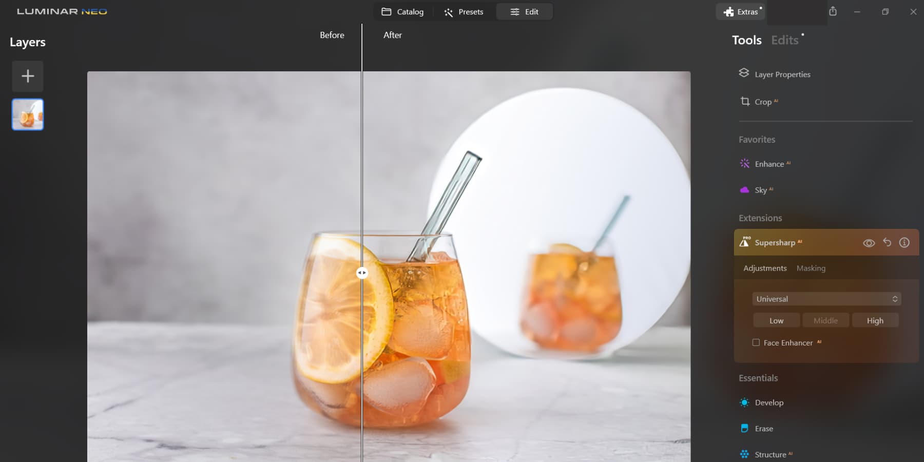 Uma captura de tela do Luminar Neo aprimorando as imagens com Supersharp AI