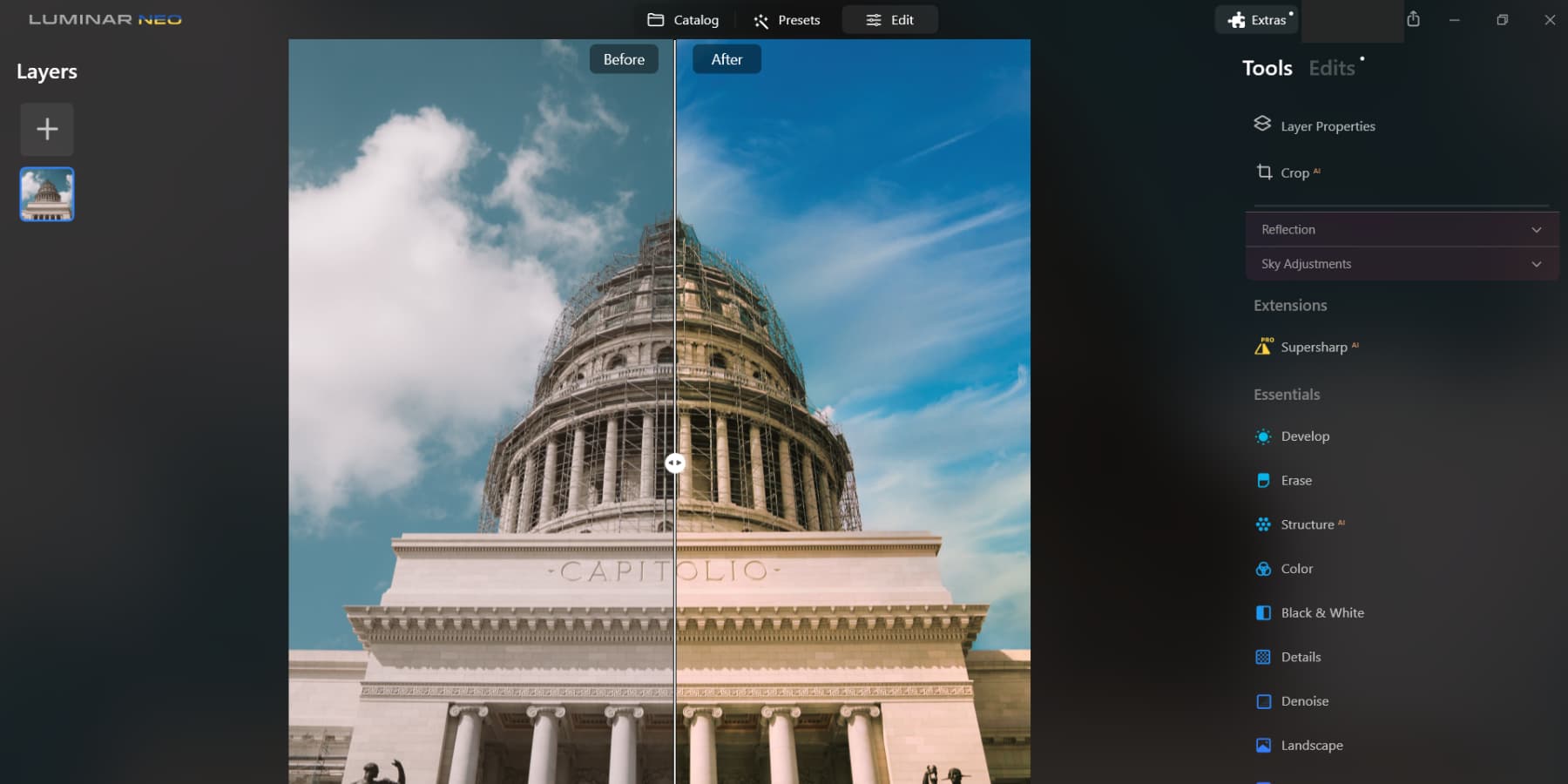 Una captura de pantalla de Luminar Neo mejorando la imagen de un edificio.