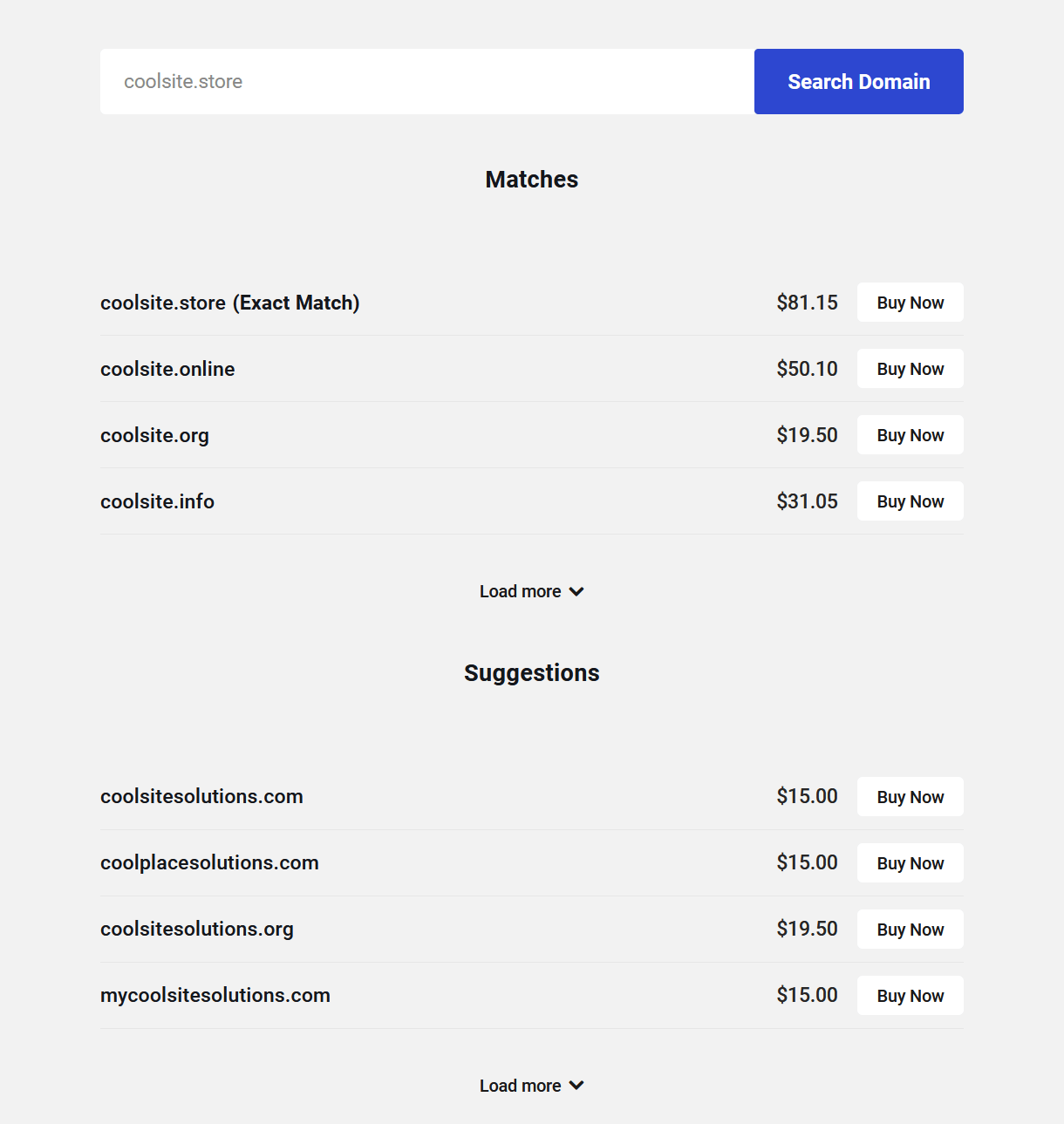 Layar yang menampilkan contoh penawaran domain di situs web Anda