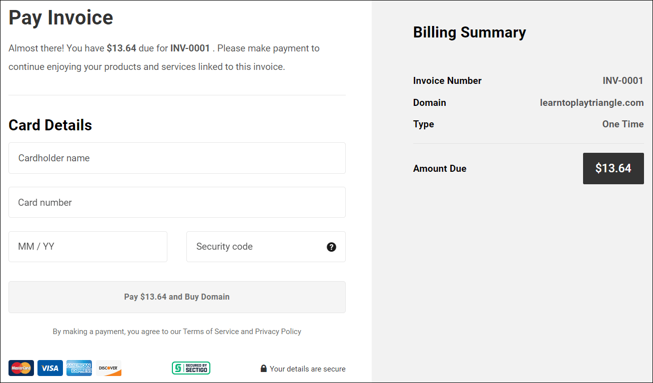 Layar checkout pendaftaran domain.