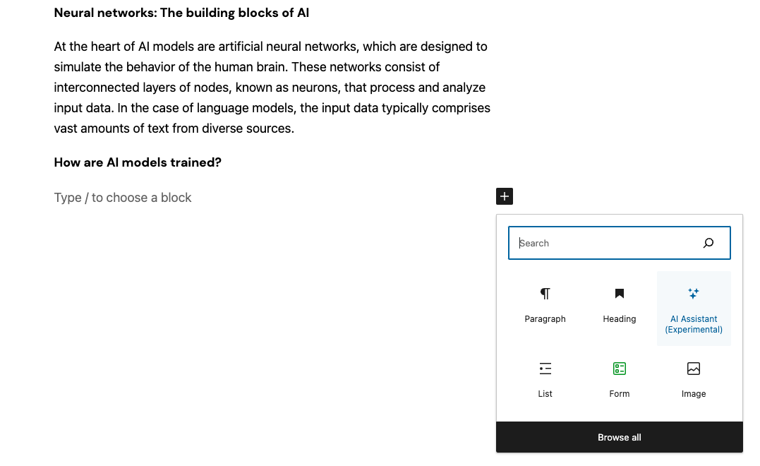 Sie können mit dem Jetpack AI Assistant schnell Absätze aus dem WordPress-Editor heraus generieren, indem Sie diese Schritte befolgen.