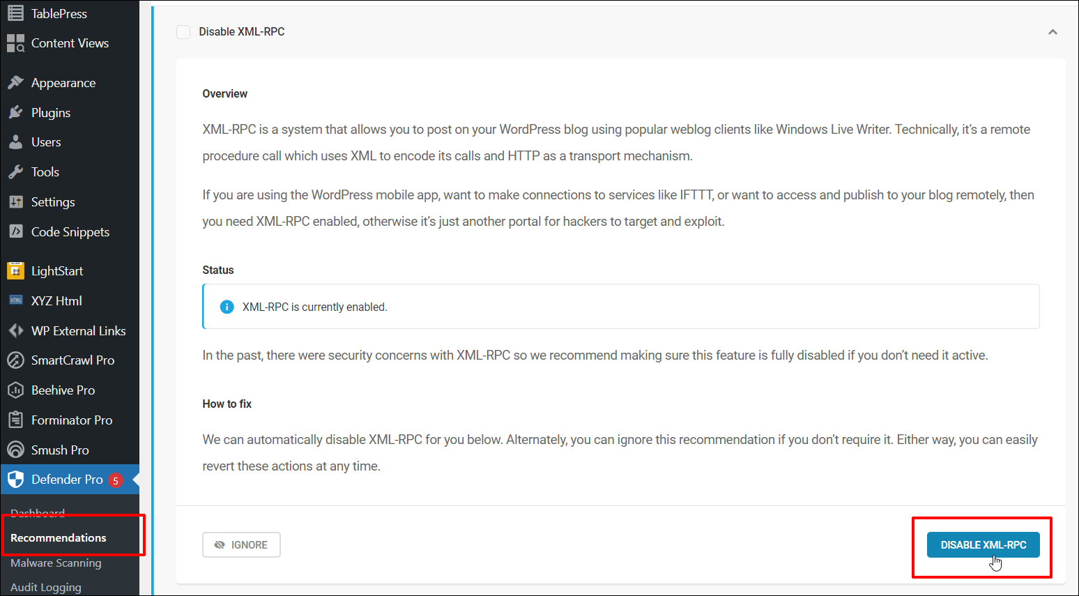 Защитник – Рекомендации – Отключить XML-RPC