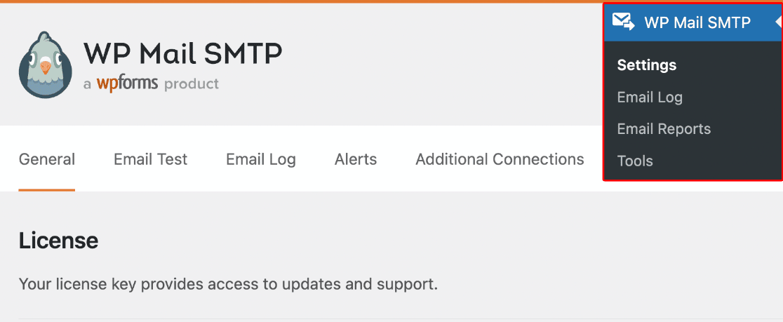 WP Mail SMTP settings menu