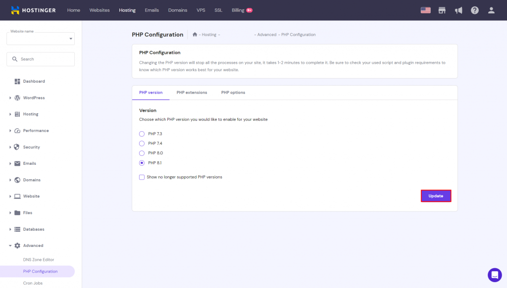 The hPanel PHP Configuration page with the Update button highlighted