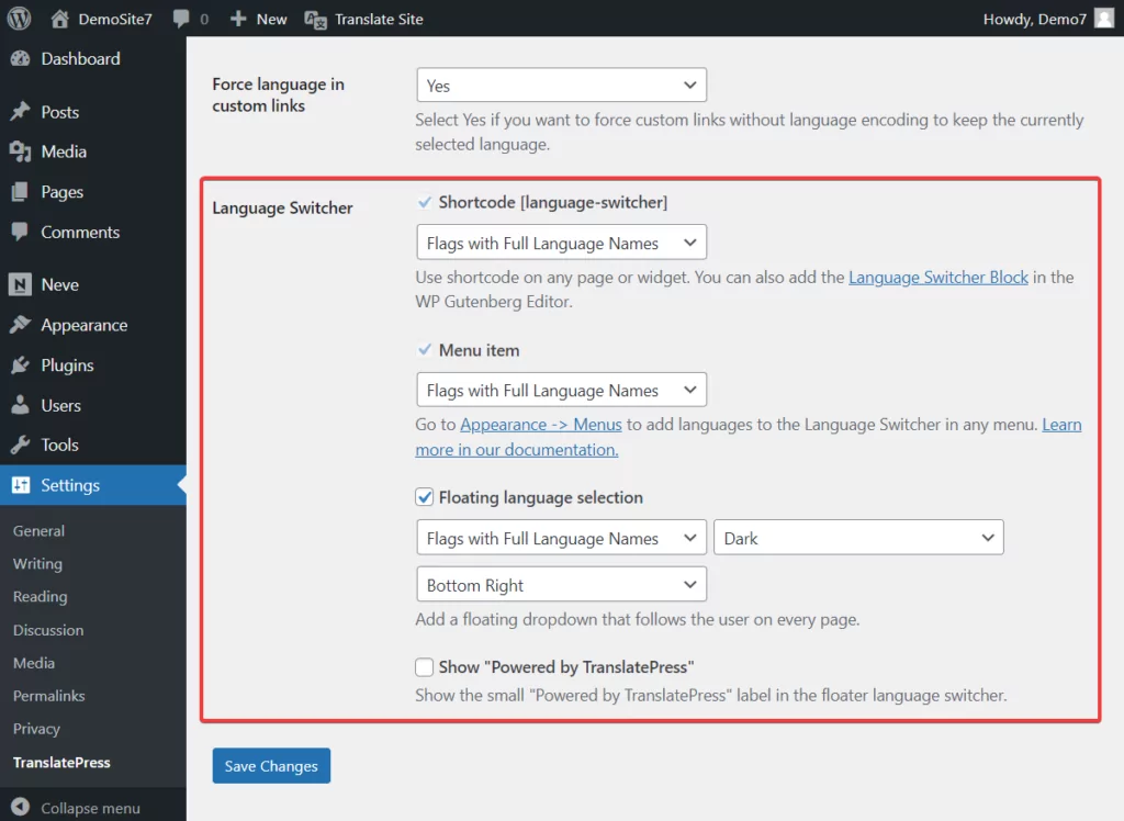 Página de configuración del selector de idioma de Translatepress