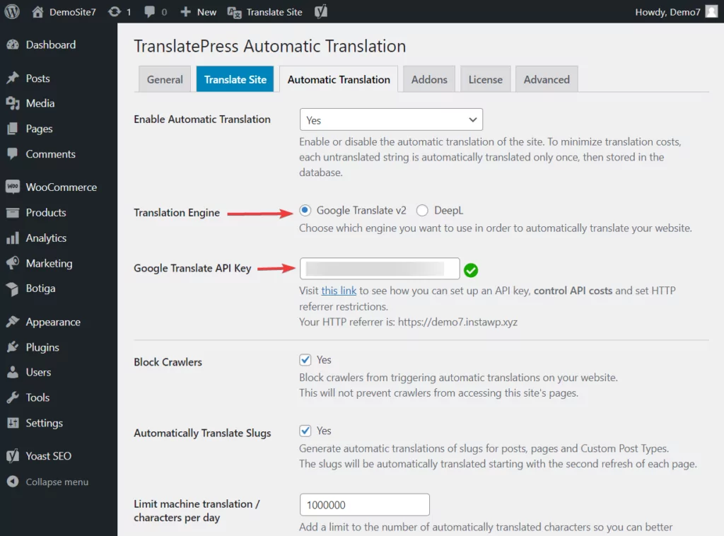 mesin terjemahan Translatepress dan kunci api