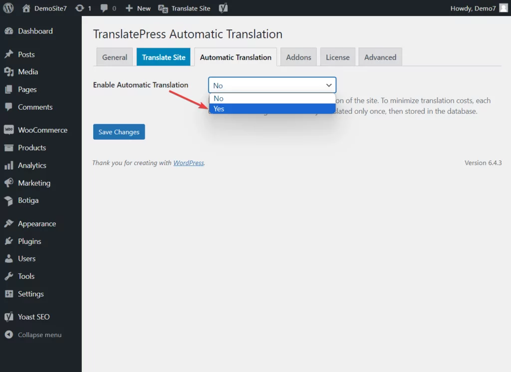 aktifkan terjemahan otomatis Translatepress