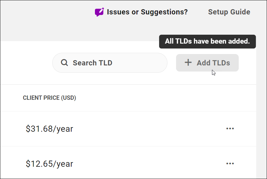 باللون الرمادي، زر إضافة TLDs مع تلميح الأدوات.