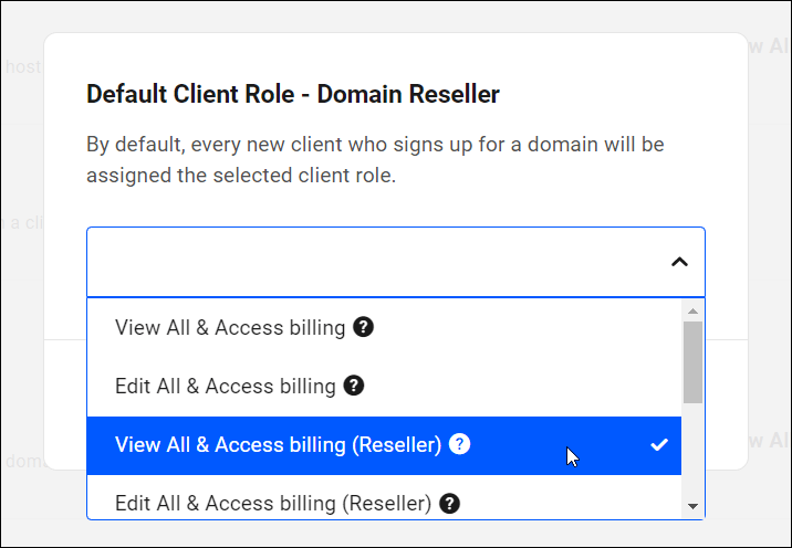 Domain-Reseller-Einstellungen – Standardoptionen für Clientrollen.