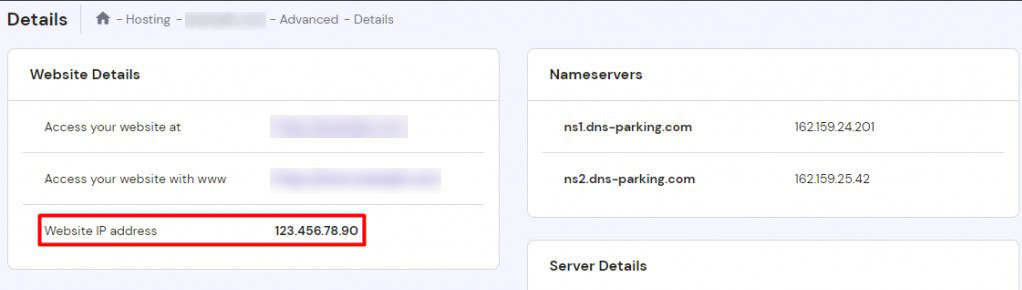 Adresse IP du site Web dans Hostinger hPanel