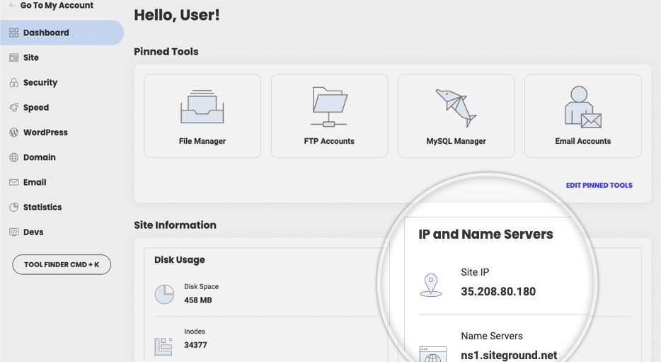 ข้อมูล IP ใน SiteGround