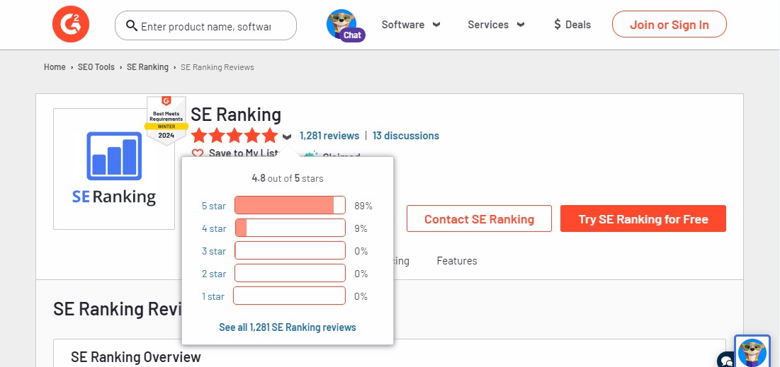 SE-Ranking-Rating auf G2