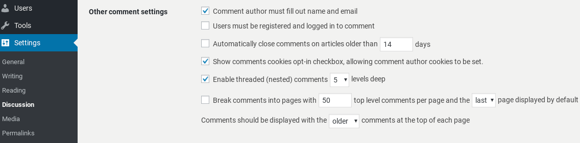 Kommentareinstellungen in WordPress.