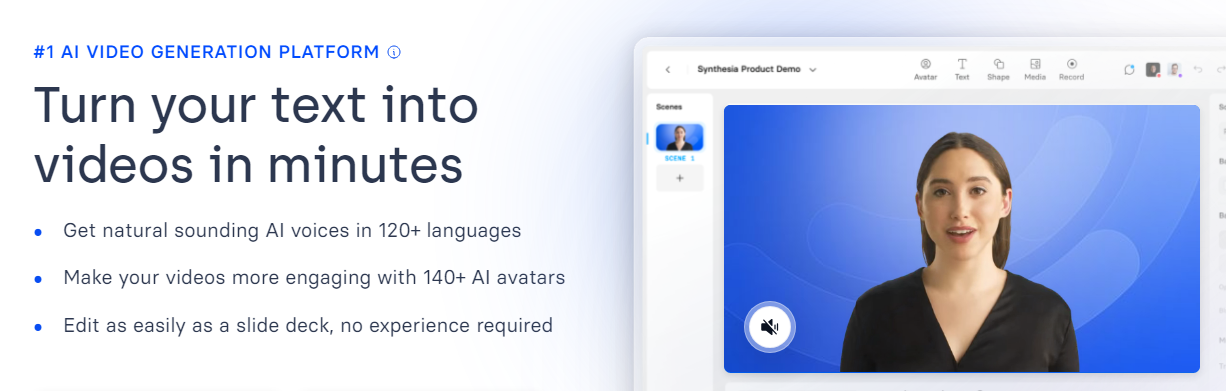 Synthesia เป็นโปรแกรมสร้างวิดีโอ AI ที่เน้นไปที่อวตารเสมือน บริการนี้มีอวตารที่หลากหลายโดยอิงจากบุคคลในชีวิตจริงที่สามารถปรับให้เข้ากับการอ่านสคริปต์ได้