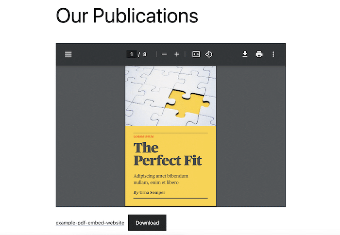 Ejemplo de PDF incrustado en un sitio web de WordPres usando el editor de bloques
