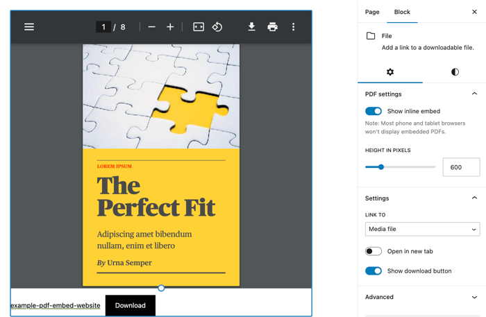 Wbudowane ustawienia przeglądarki plików PDF WordPress