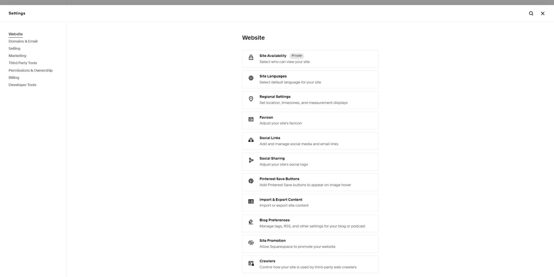 Ein Screenshot der Squarespace-Einstellungen