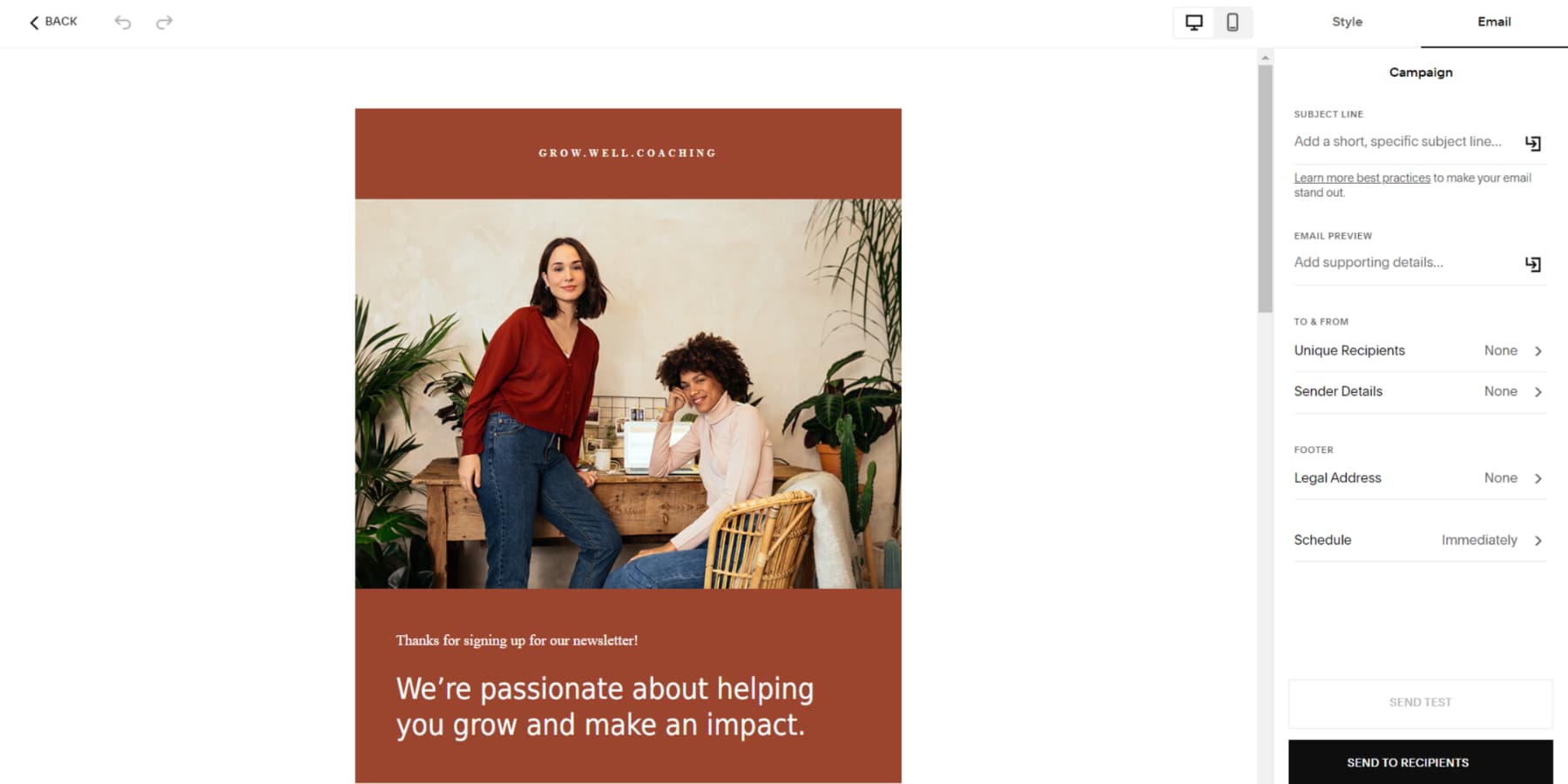 Ein Screenshot des E-Mail-Builders von Squarespace