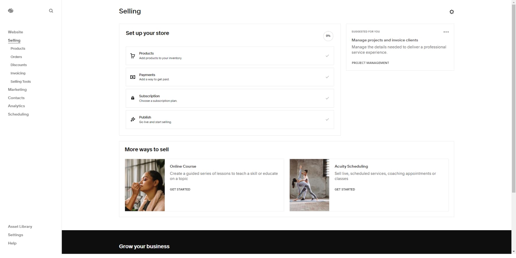 Ein Screenshot des Verkaufsoptionen-Panels von Squarespace