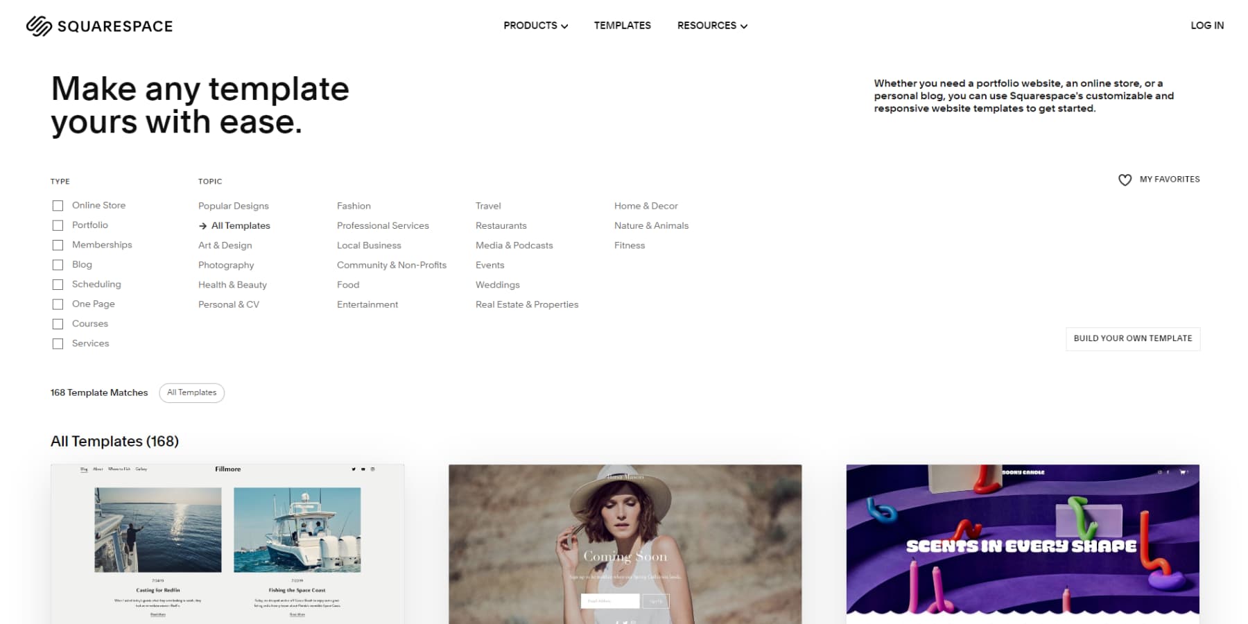 Ein Screenshot der Vorlagen von Squarespace