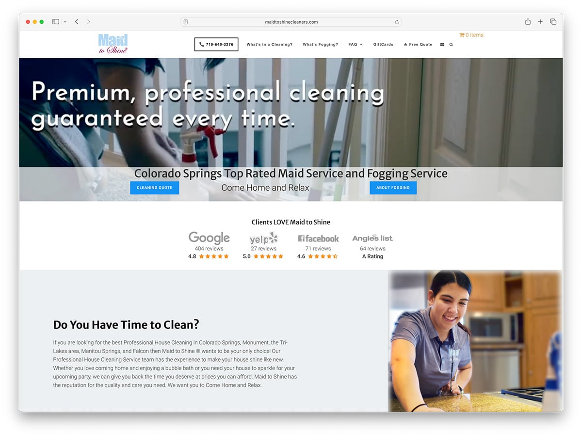 Maid to Shine Cleaners: sitio web de una empresa de limpieza creado con WordPress