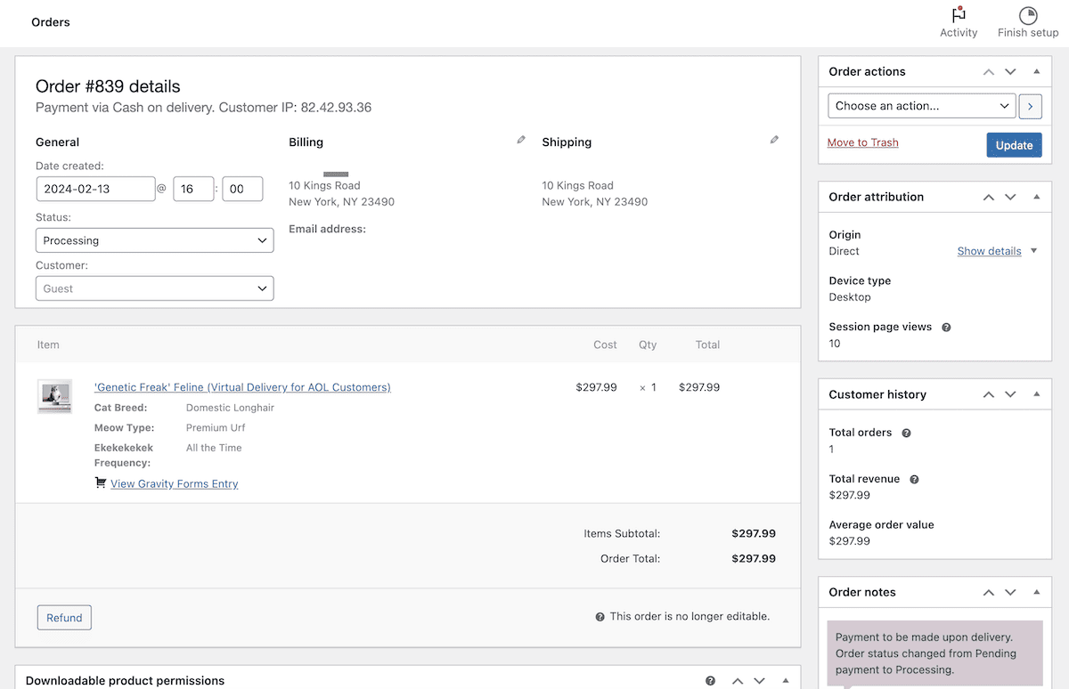 Un ordine all'interno di WooCommerce.