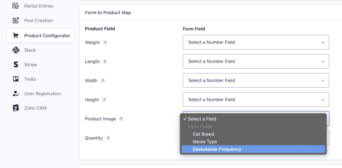 การเชื่อมโยงฟิลด์แบบฟอร์มกับฟิลด์ผลิตภัณฑ์ใน Gravity Shop Product Configurator