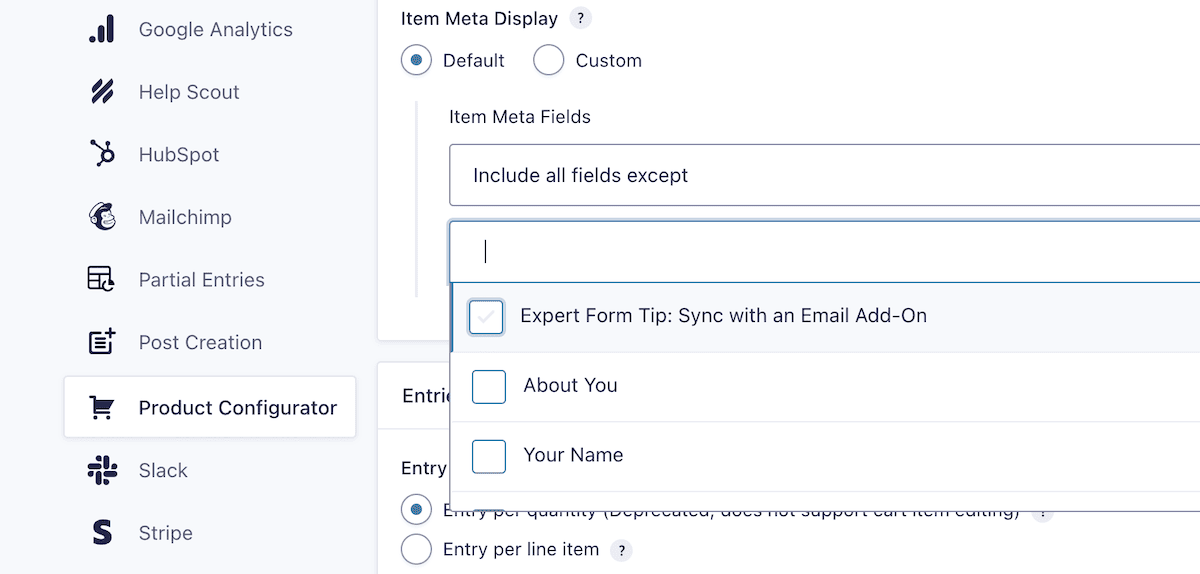 Memilih untuk hanya menampilkan bidang tertentu menggunakan Gravity Shop Product Configurator.