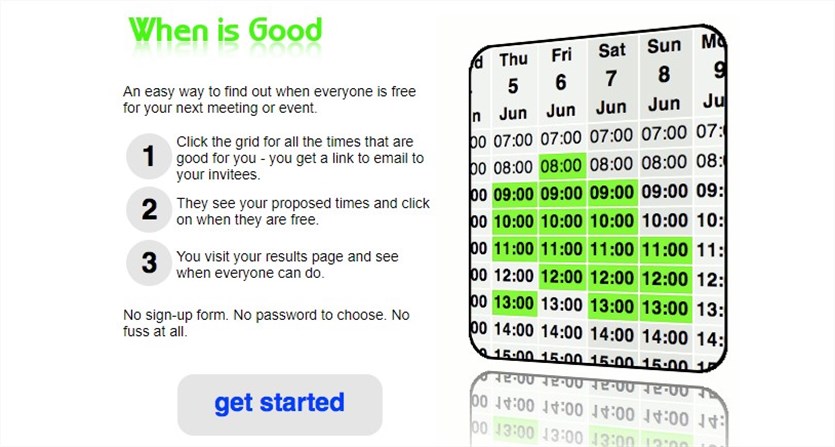 Снимок экрана домашней страницы программы планирования WhenIsGood в белом, зеленом и черном цветах.