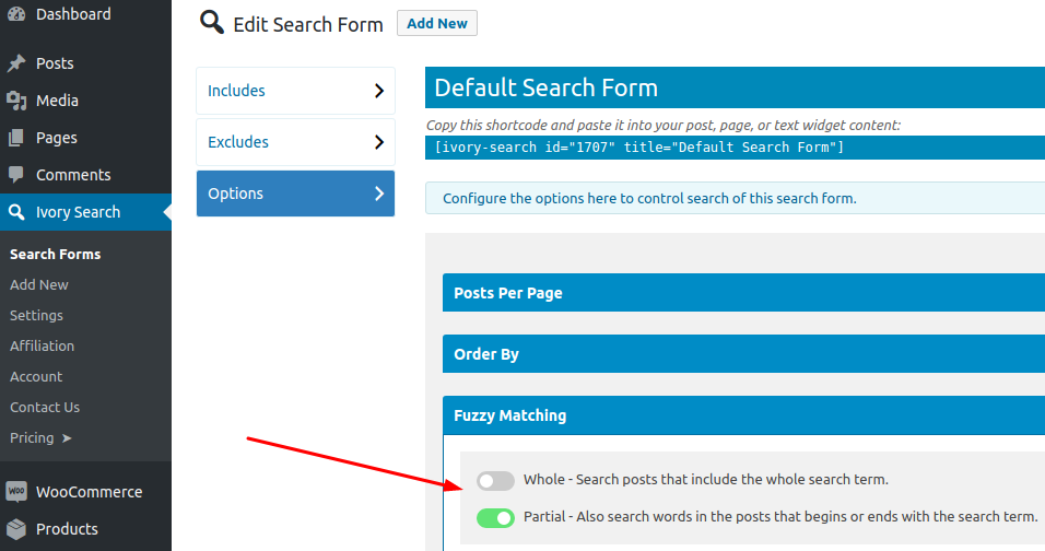 La configuración se muestra en el complemento de WordPress Ivory Search