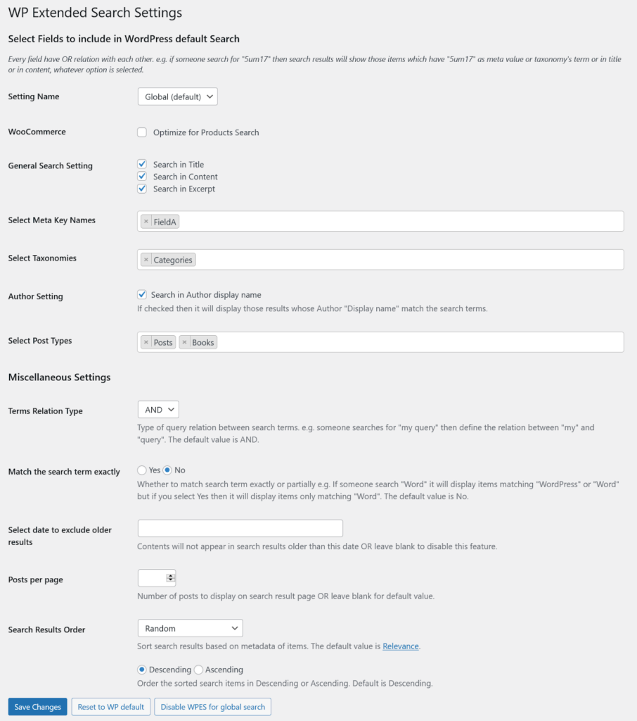 Przykład ustawień WP Extend Search