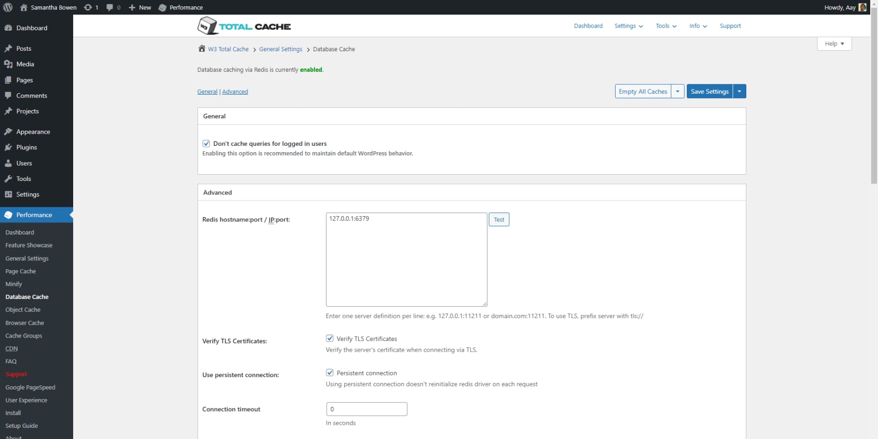 Ein Screenshot der Datenbank-Cache-Optionen von W3TC