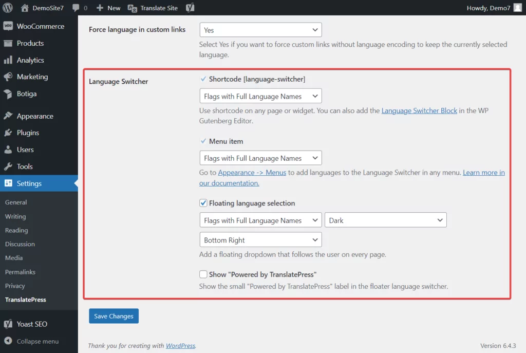 memodifikasi pengalih bahasa dari Translatepress gratis