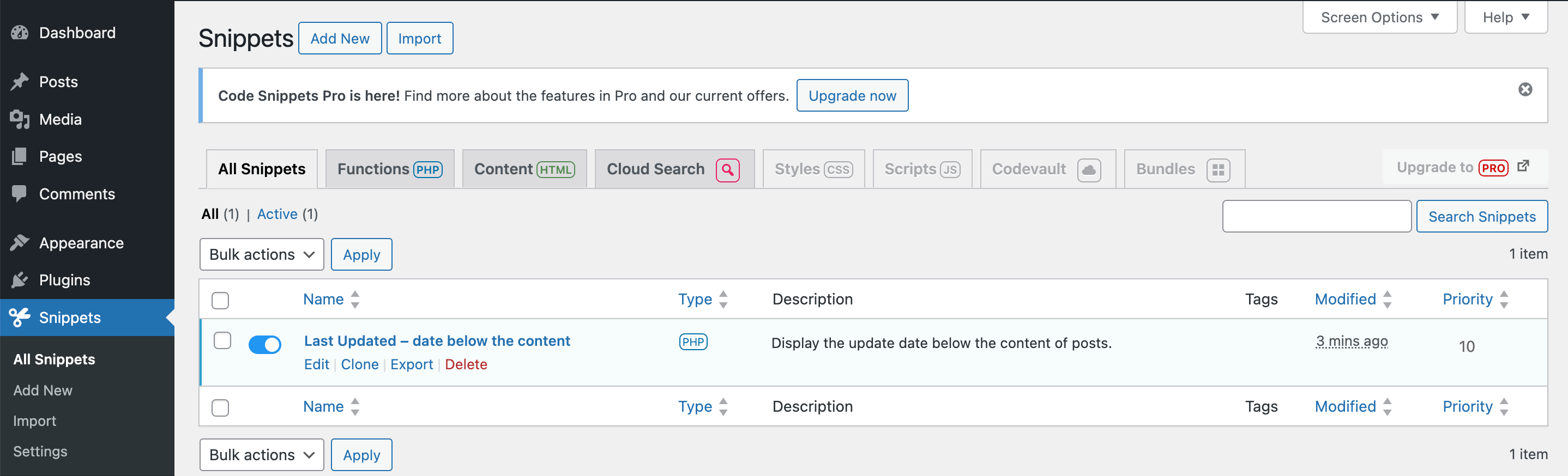 Daftar cuplikan kode di plugin Cuplikan Kode.