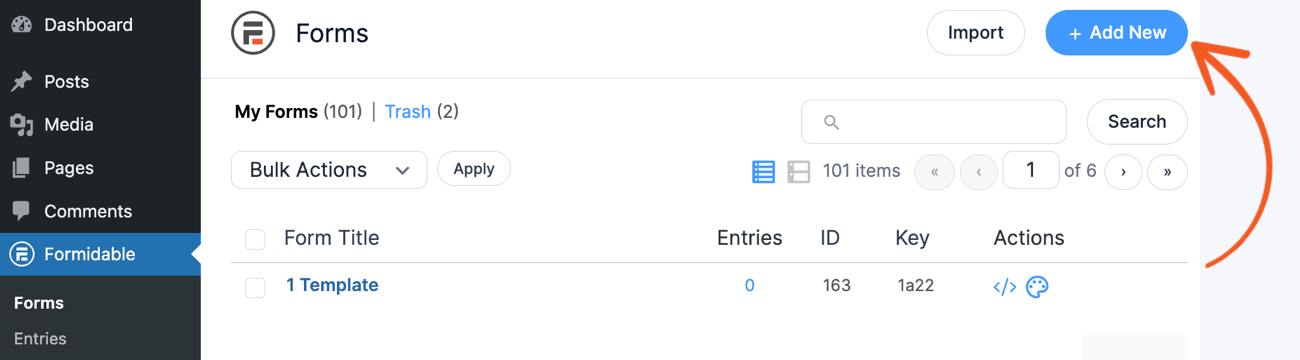 Il pulsante Aggiungi nuovo con una freccia rossa che lo punta nella dashboard di Formidable Forms