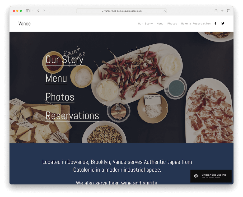 Vance Squarespace restoran şablonu