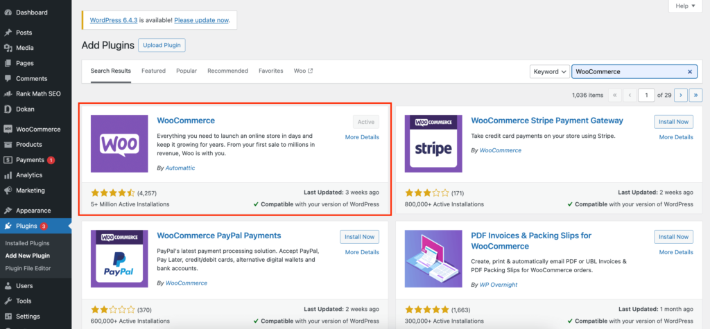 นี่คือภาพหน้าจอของการติดตั้ง WooCommerce