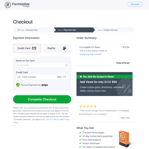 Formidable Forms formulário de pagamento em várias etapas para checkout on-line com indicador de progresso e prova social