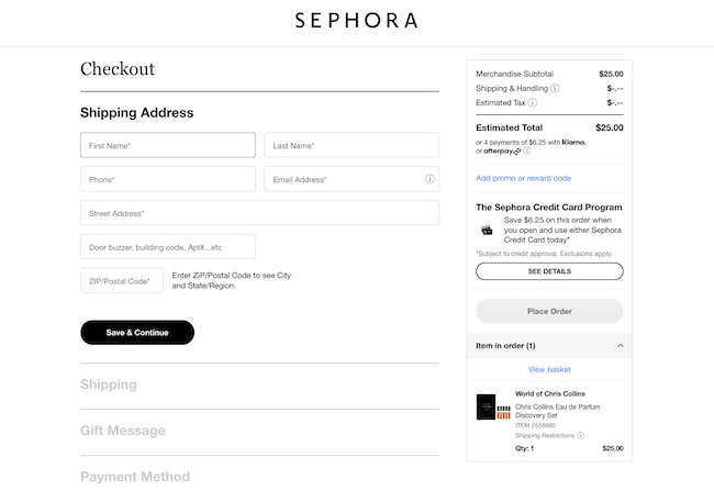 Exemplo de página de checkout da Sephora com design de formulário de etapa única