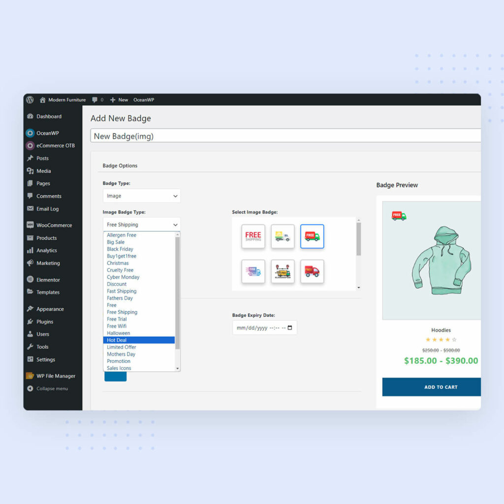 nouveaux badges de produits d'image de fonctionnalité premium OceanWP pour WooCommerce