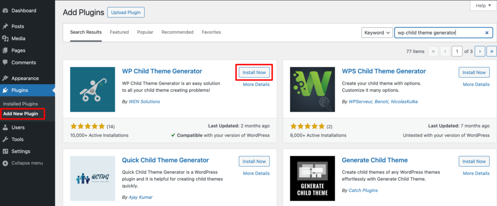 Esta imagem mostra como instalar o plugin WP Child Theme Generator