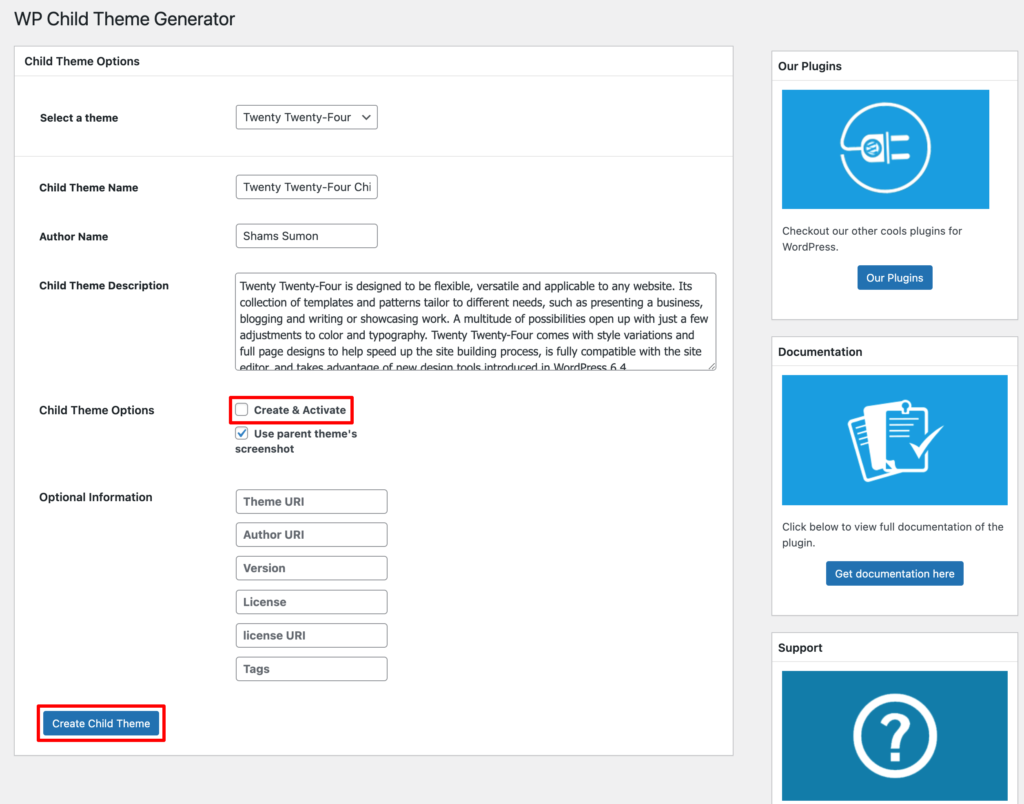 Это изображение, показывающее, как настроить параметры перед созданием дочерней темы.