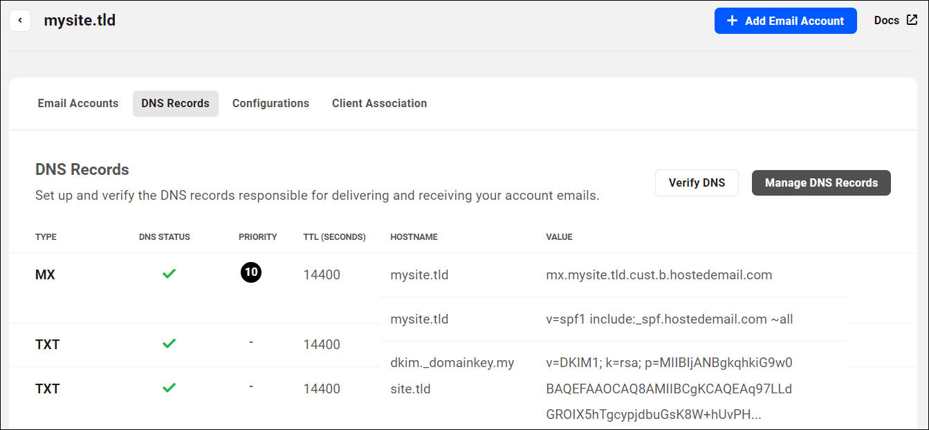 Layar Catatan DNS menunjukkan tanda centang hijau di Status DNS untuk semua catatan.