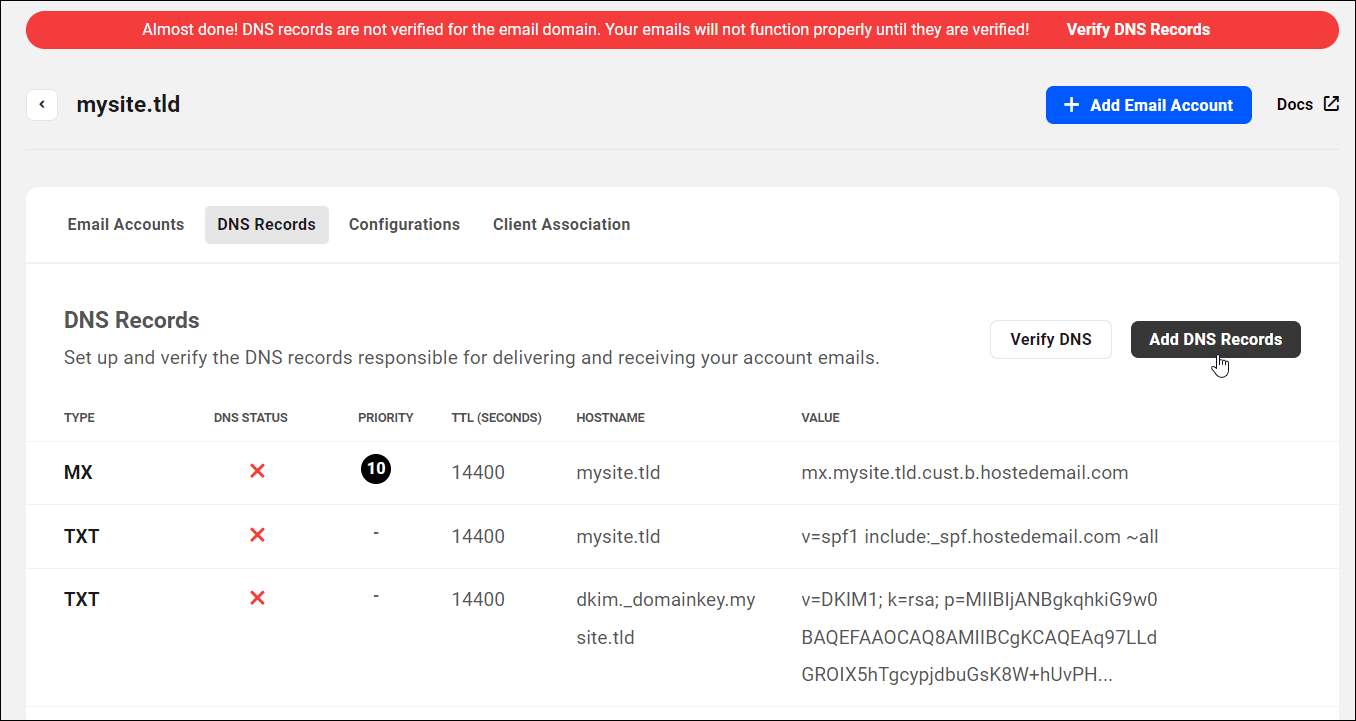 Schermata Record DNS: pulsante Aggiungi record DNS selezionato.