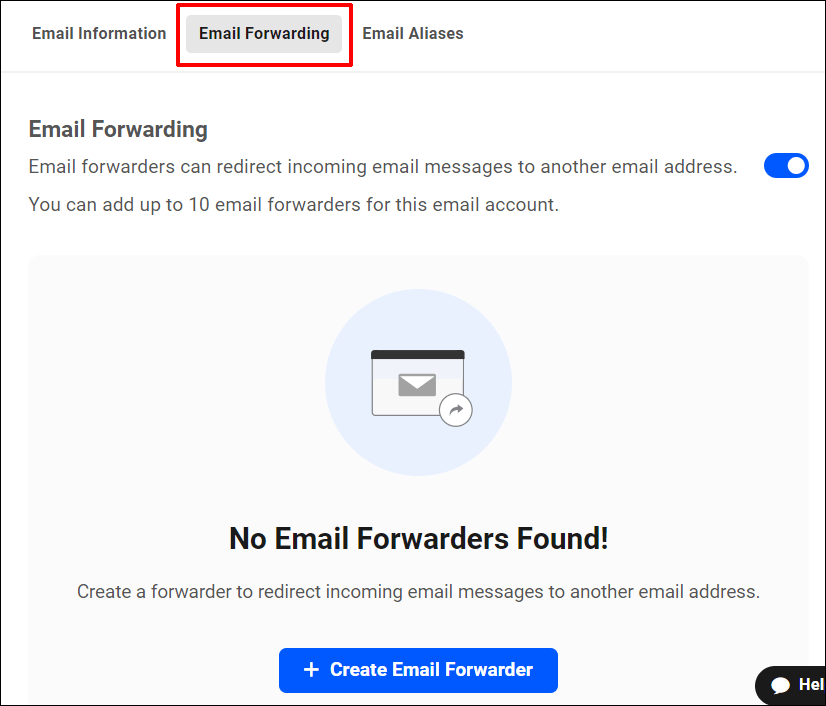 Écran de transfert d'e-mails sans aucun redirecteur configuré pour l'instant.